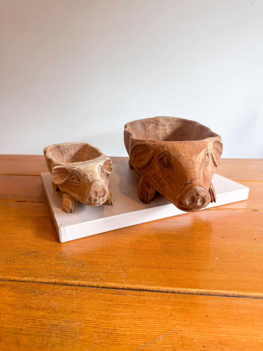 Carved Wood Pig Bowls Large and Small