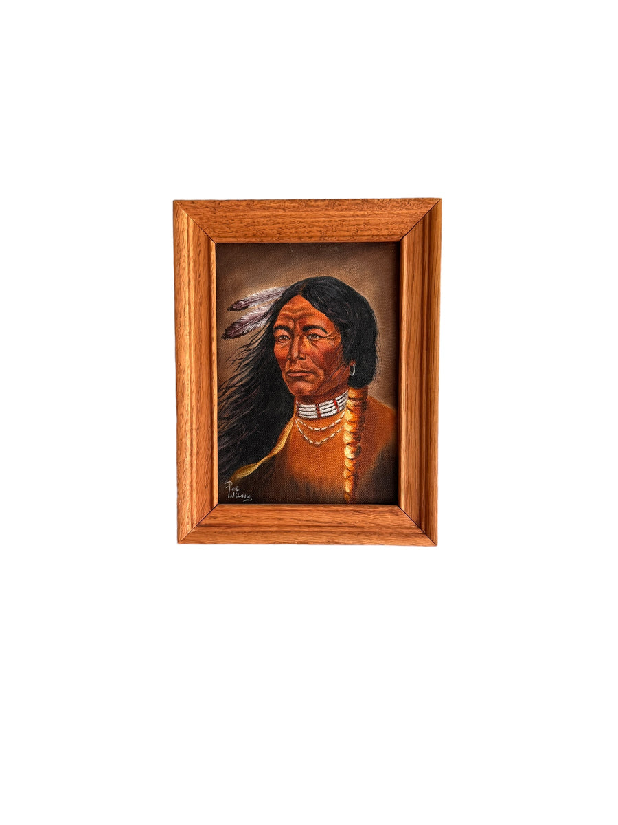 Pat Wilsky Signed Small Wooden Framed Native American Portrait on Canvas