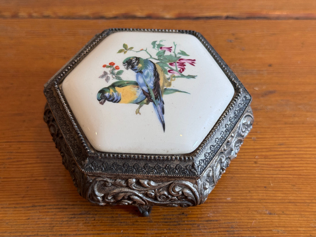 Trinket Box Mele Parrot Tile and Metal Vintage Jewelry Box