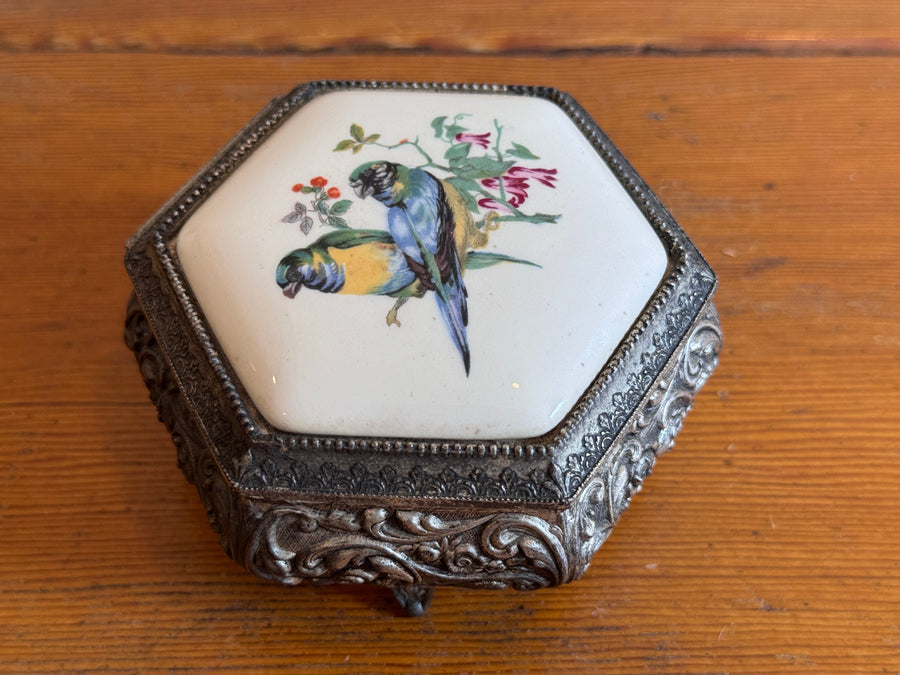 Trinket Box Mele Parrot Tile and Metal Vintage Jewelry Box
