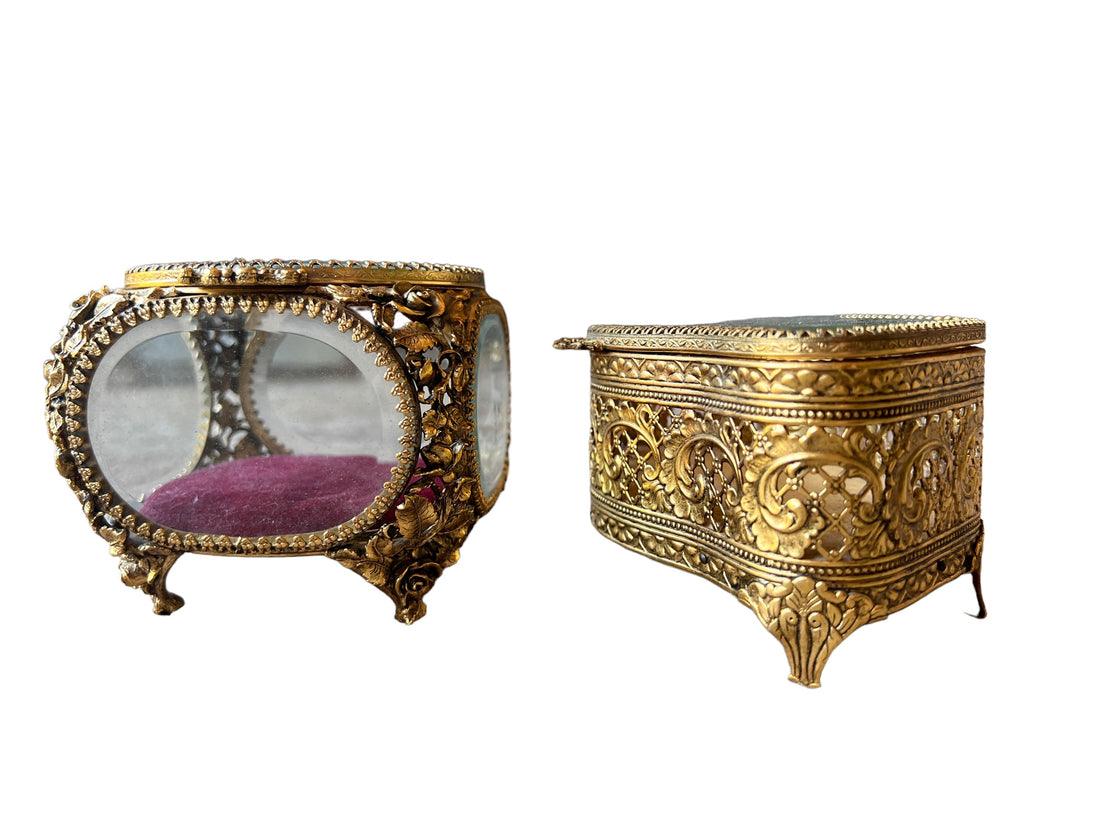 French Beveled Glass Jewelry Box with Velvet Lining 