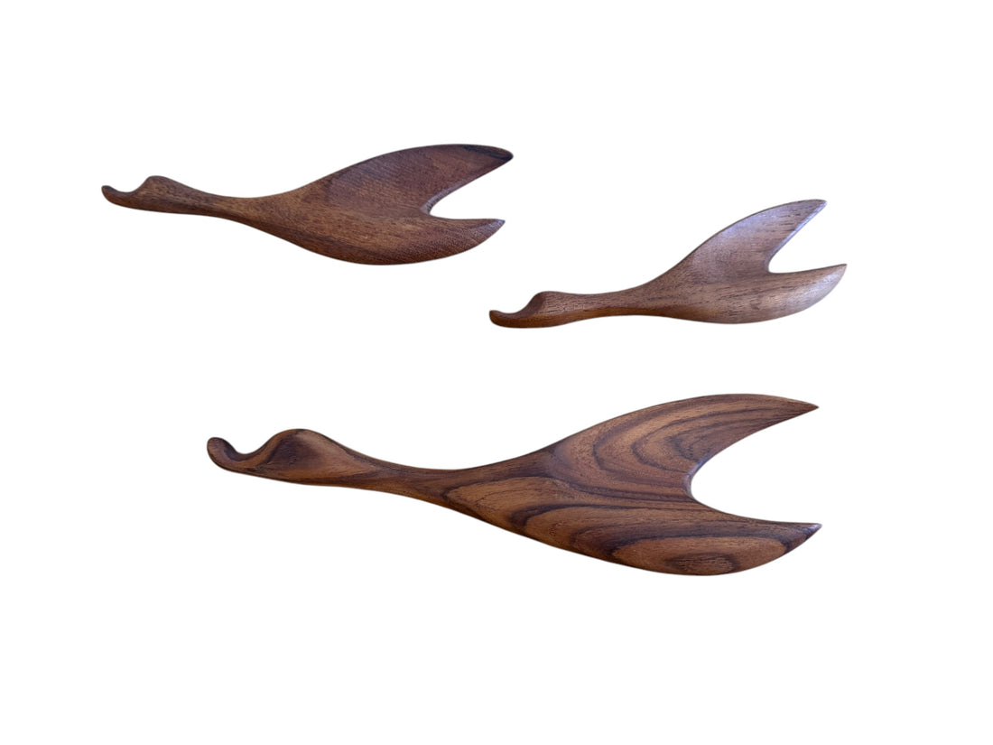 Mid-Century Set of Three Teak Wood Minimalist Bird Hanging Wall Art