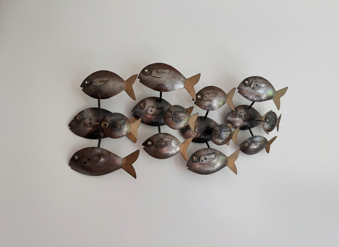 Midcentury School of Fish Metal Wall Art Brutalist Sculpture
