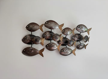 Midcentury School of Fish Metal Wall Art Brutalist Sculpture