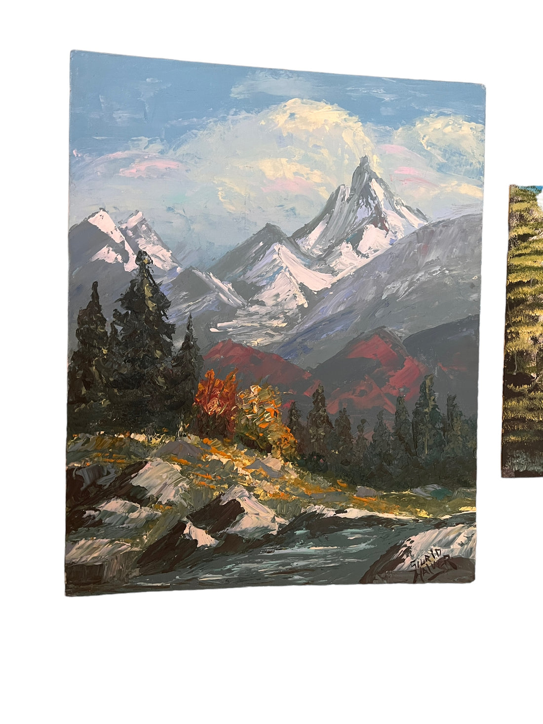 Mountain Forest Landscape Paintings 1970s Canvas Board Vintage