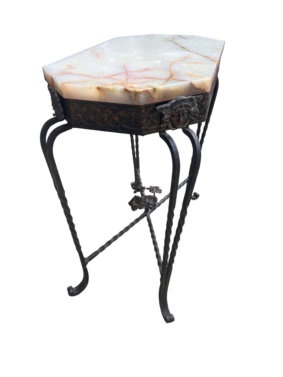 White Marble French Side Table with Cast Iron Frame