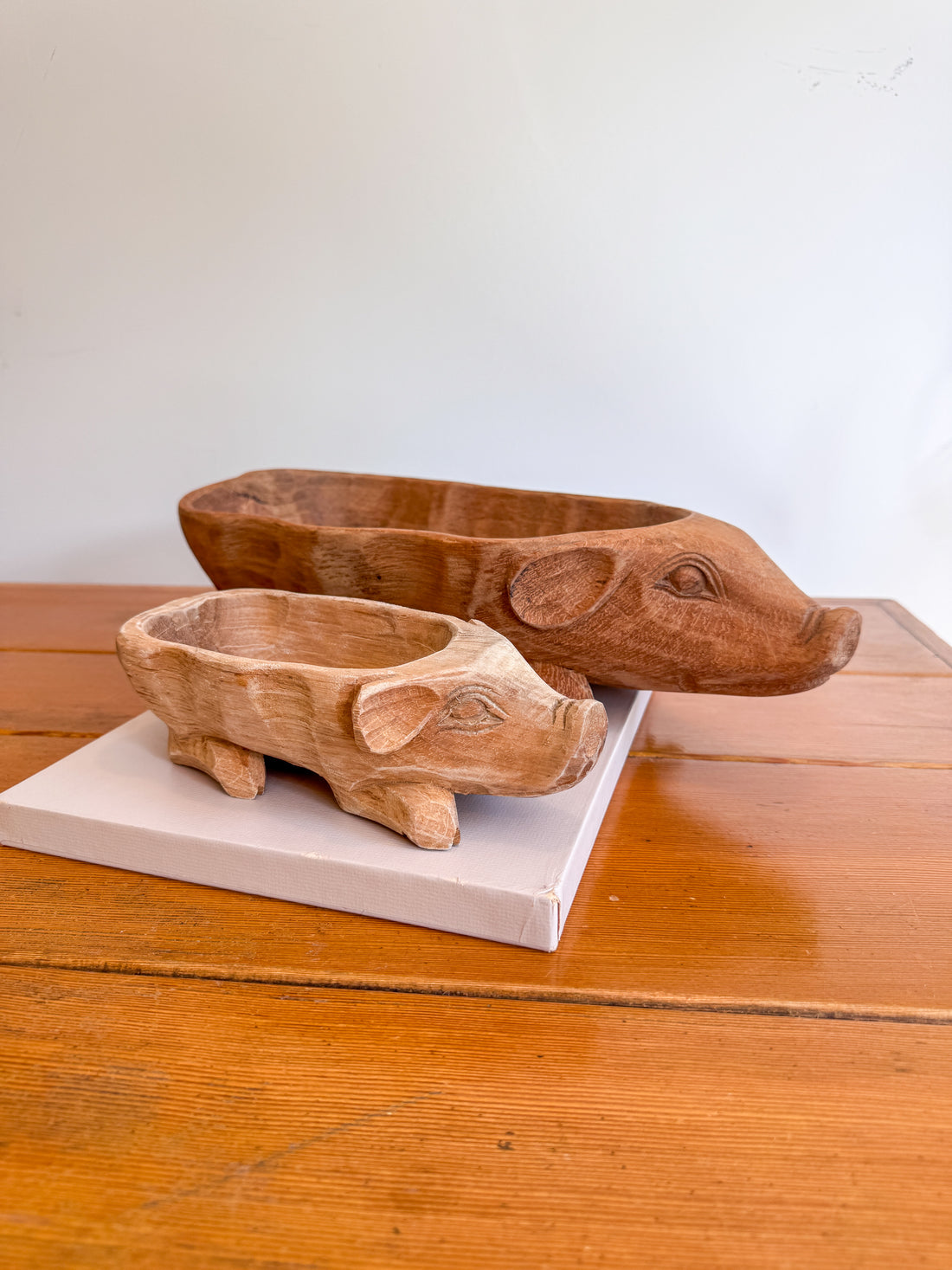 Carved Wood Pig Bowls Large and Small