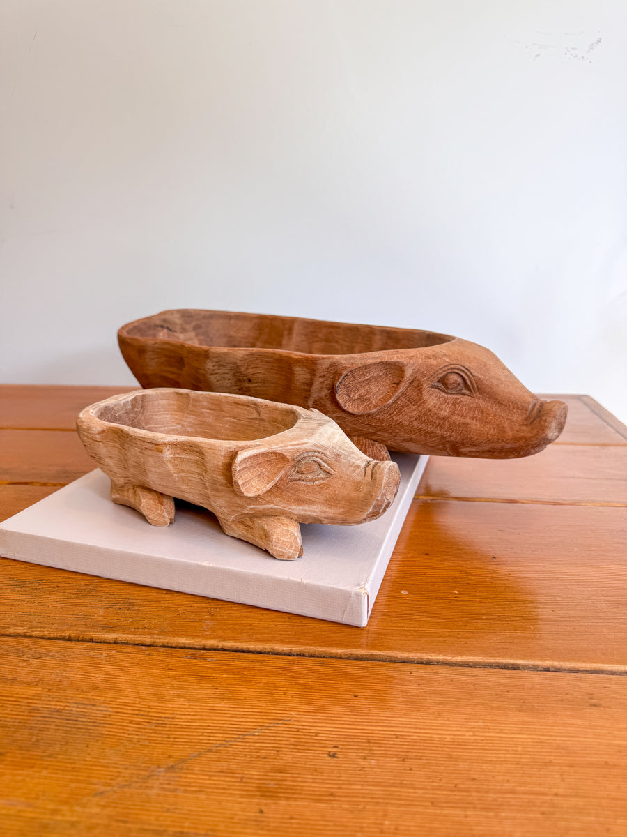 Carved Wood Pig Bowls Large and Small