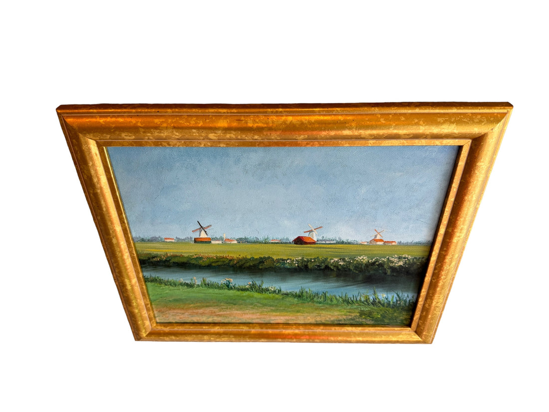 Vintage Canvas Painting with Gold frame of Windmills in Field Unsigned Northern Europe