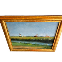 Vintage Canvas Painting with Gold frame of Windmills in Field Unsigned Northern Europe