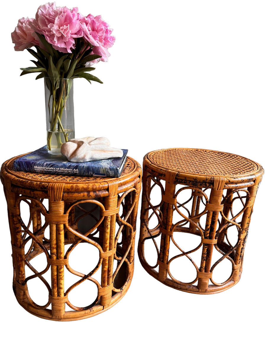 Vintage Tortoise Shell Bamboo and Cane Side Tables