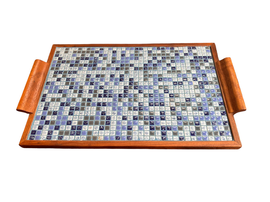 Midcentury Blue Square Mini Tile Wood Tray