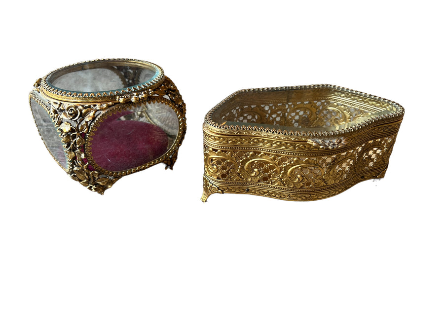 French Beveled Glass Jewelry Box with Velvet Lining 