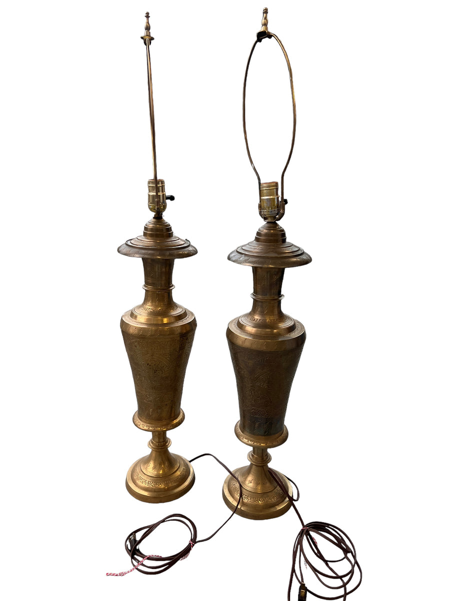 Antique Etched Brass Table Lamps Set of 2