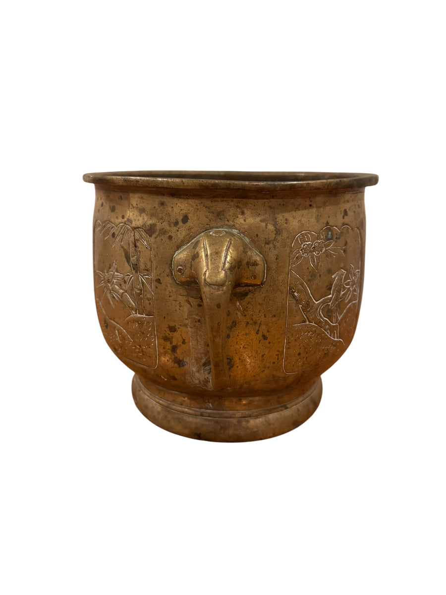 Large Brass Etched Plant Pot with Elephant Handles