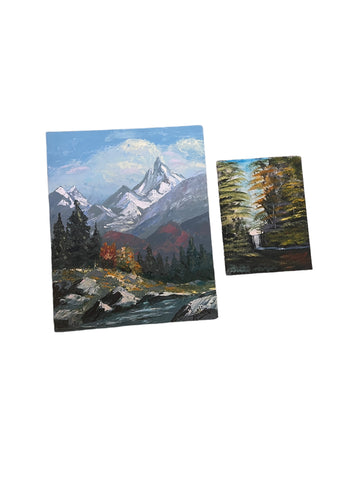 Mountain Forest Landscape Paintings 1970s Canvas Board Vintage