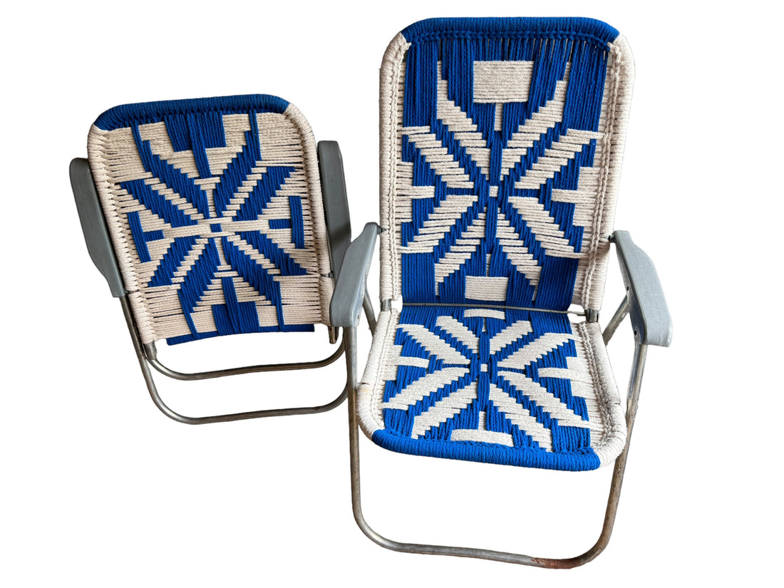 Retro Macrame Blue and White Folding Lawn Camp Chairs