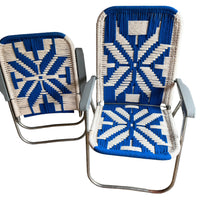 Retro Macrame Blue and White Folding Lawn Camp Chairs