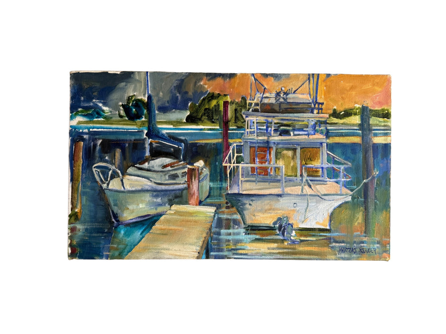 Blues boat dock Rectangular Canvas Painting Signed Martens K Sander