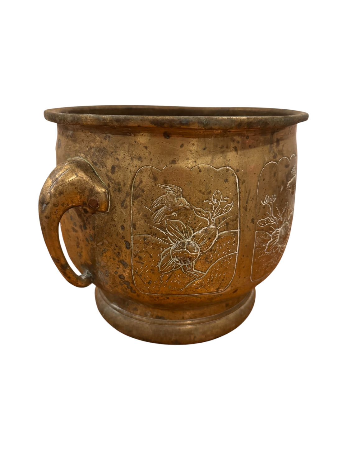 Large Brass Etched Plant Pot with Elephant Handles