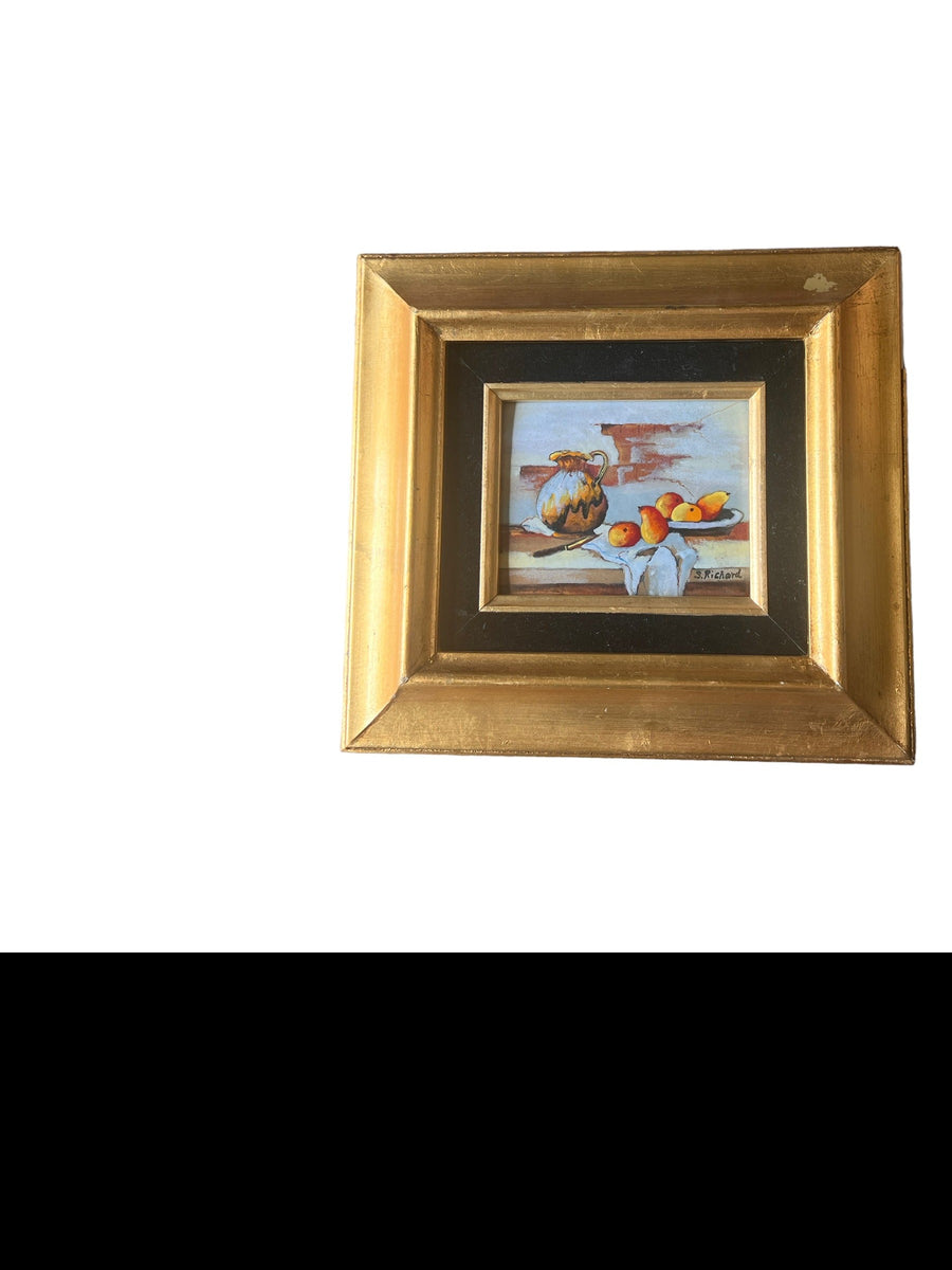 Painted Enameled Copper Still Life Art with Gold Frame