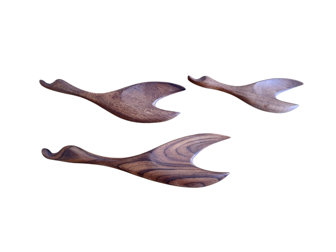 Mid-Century Set of Three Teak Wood Minimalist Bird Hanging Wall Art