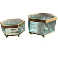 Hexagon Blue Tinted Etched Crystal Glass Jewelry Box