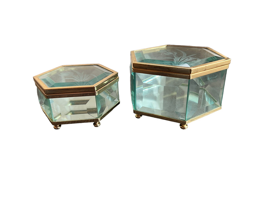 Hexagon Blue Tinted Etched Crystal Glass Jewelry Box