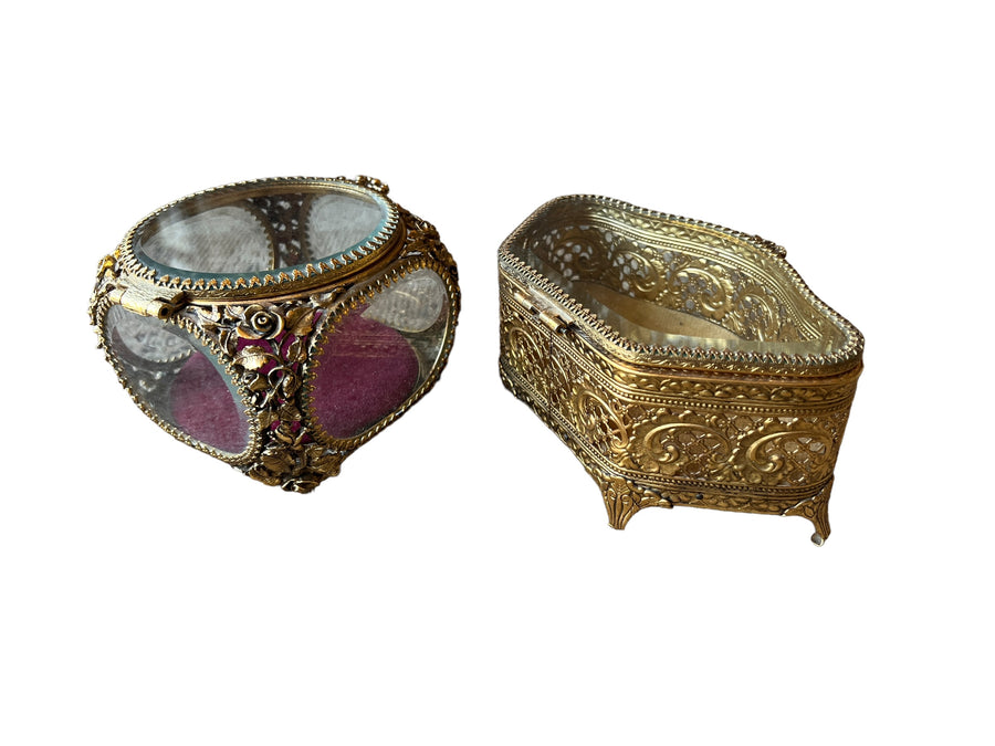 French Beveled Glass Jewelry Box with Velvet Lining 