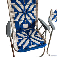 Retro Macrame Blue and White Folding Lawn Camp Chairs