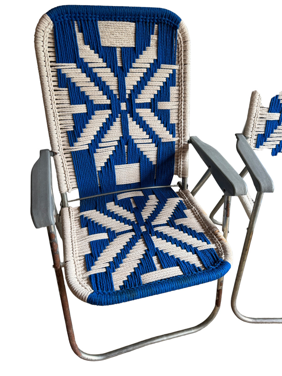 Retro Macrame Blue and White Folding Lawn Camp Chairs