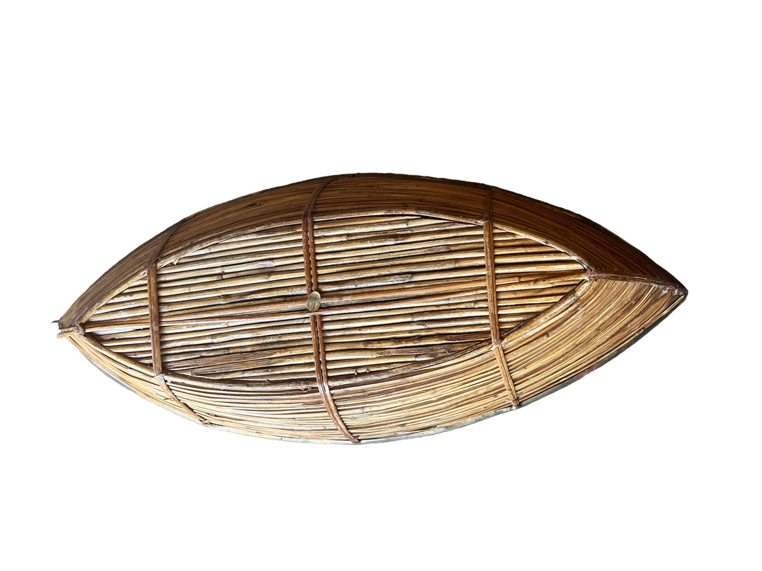 Vintage Bamboo Woven Basket with Brass Edges