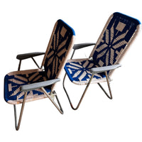 Retro Macrame Blue and White Folding Lawn Camp Chairs