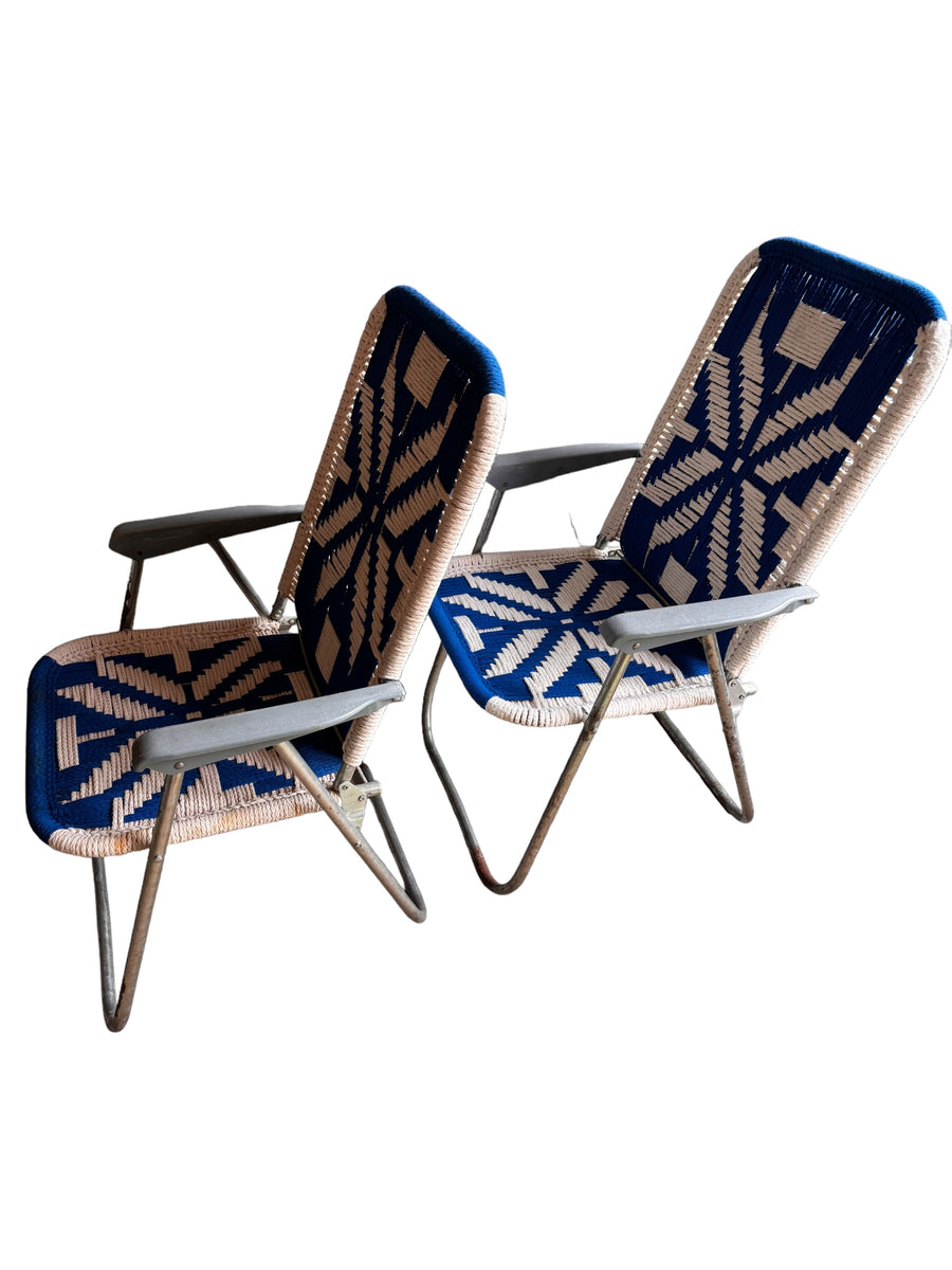 Retro Macrame Blue and White Folding Lawn Camp Chairs