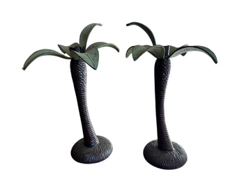 Vintage Tommy Bahama Solid Metal Set of 2 Palm Tree Candle Holders