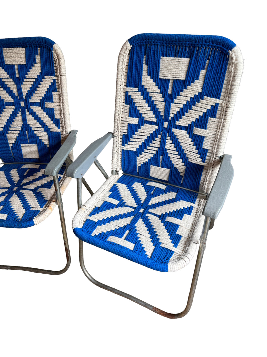 Retro Macrame Blue and White Folding Lawn Camp Chairs