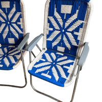 Retro Macrame Blue and White Folding Lawn Camp Chairs