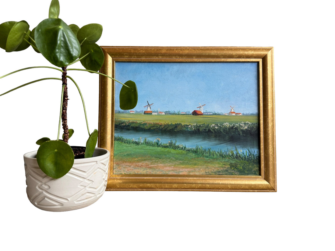 Vintage Canvas Painting with Gold frame of Windmills in Field Unsigned Northern Europe