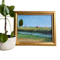 Vintage Canvas Painting with Gold frame of Windmills in Field Unsigned Northern Europe