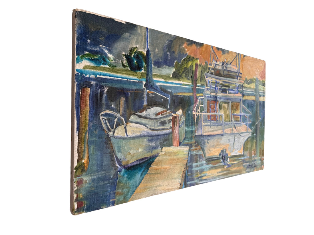 Blues boat dock Rectangular Canvas Painting Signed Martens K Sander