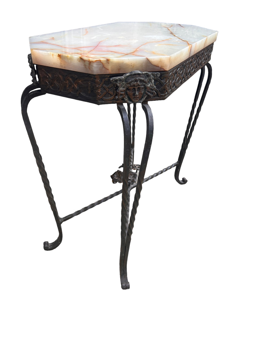 White Marble French Side Table with Cast Iron Frame