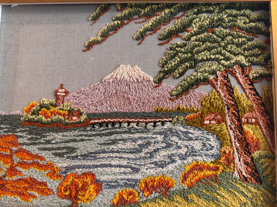 Hand Embroidered Antique Landscape Framed Mountain Lake Scene