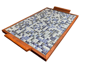 Midcentury Blue Square Mini Tile Wood Tray