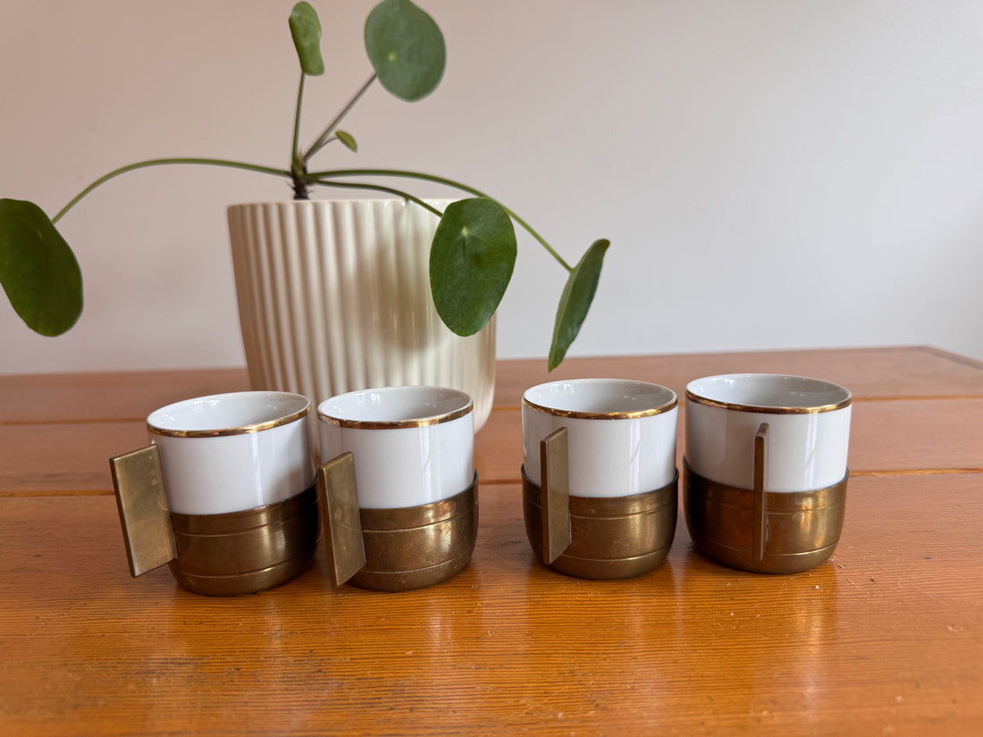Monopoli Brass and Porcelain Espresso Cups Set of 4 1987 Italy