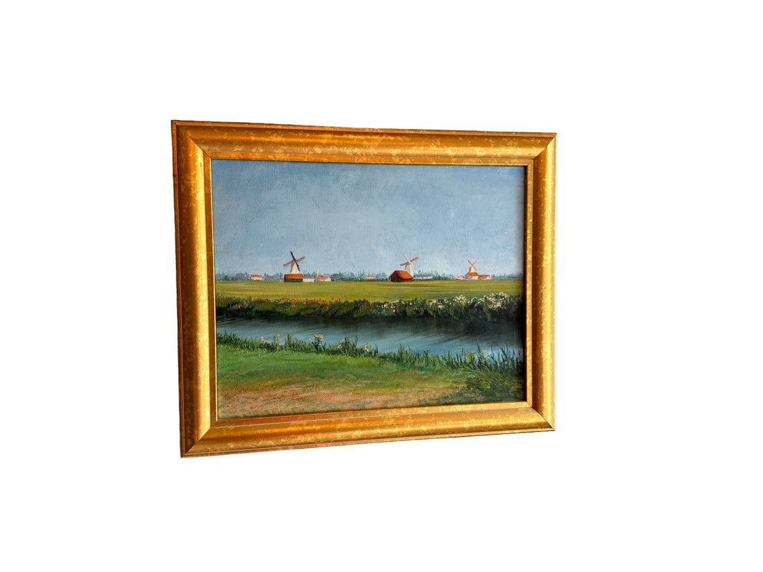 Vintage Canvas Painting with Gold frame of Windmills in Field Unsigned Northern Europe