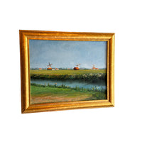 Vintage Canvas Painting with Gold frame of Windmills in Field Unsigned Northern Europe