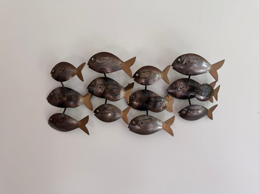 Midcentury School of Fish Metal Wall Art Brutalist Sculpture