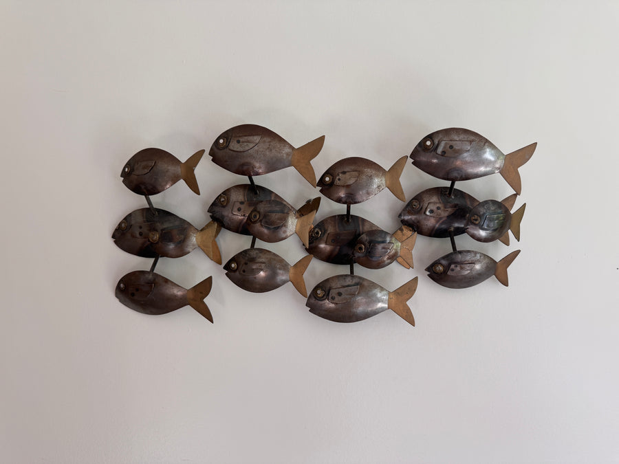Midcentury School of Fish Metal Wall Art Brutalist Sculpture