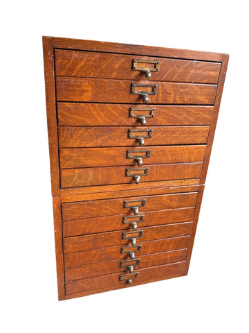 Antique Stackable Drawer Oak cabinet with Metal Insert Drawers Brass Pulls