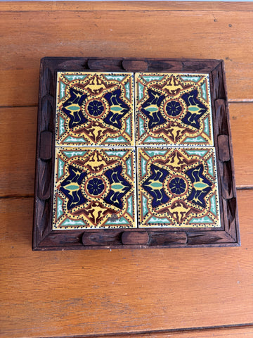 Carved wood and painted tile tray